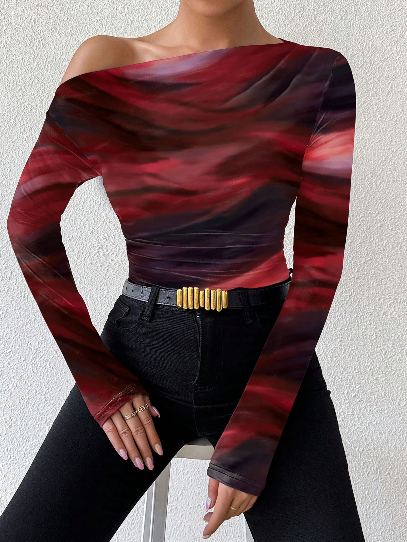 SHEIN Raffinéa Marble Ombre Print Asymmetric Ruched Long Sleeve T-Shirt | SHEIN