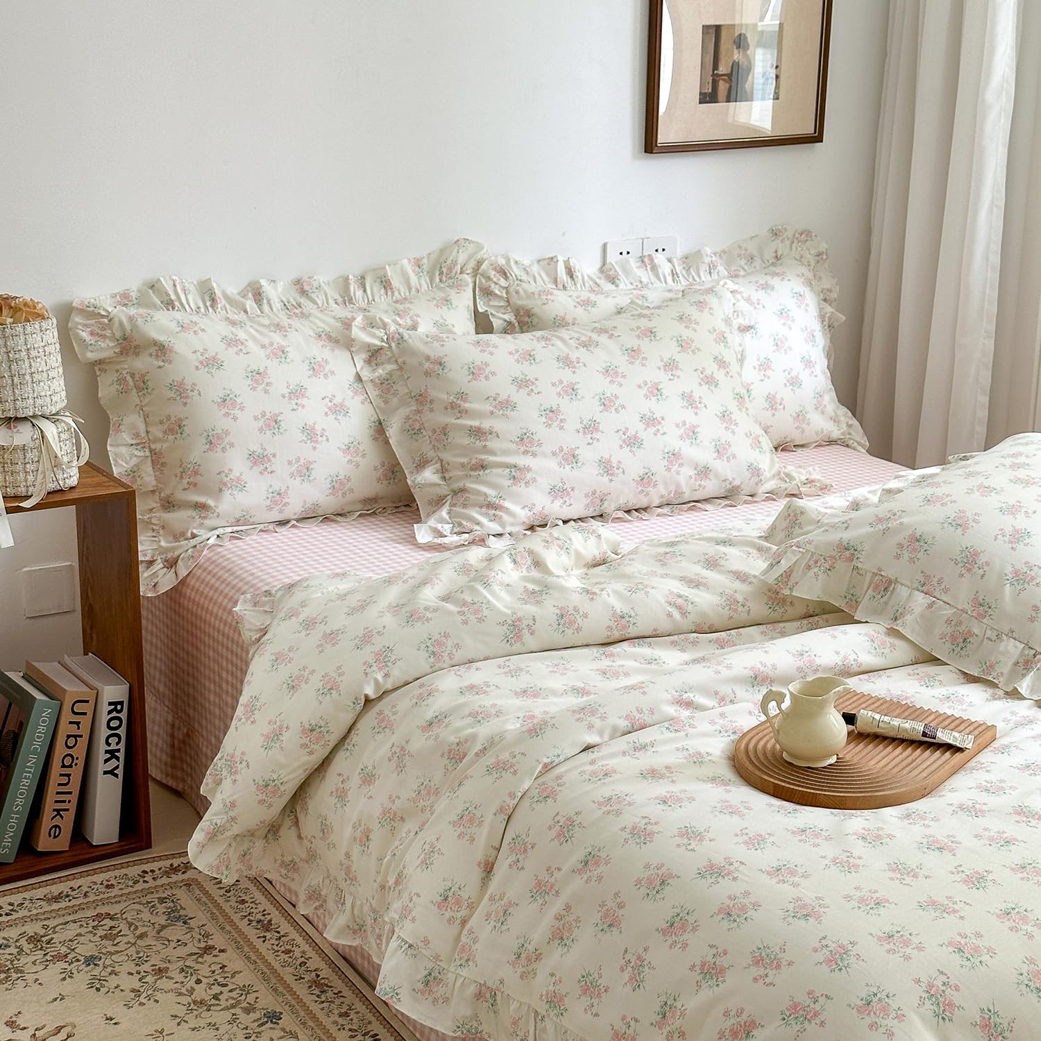 mixinni 3-Piece Pink Floral Ruffle Comforter Set Queen - Cottagecore Botanical Duvet Cover with L... | Amazon (US)