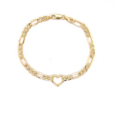 14K Solid Yellow Gold Figaro Heart Bracelet – Romantic, Polished, Timeless | Goldmania