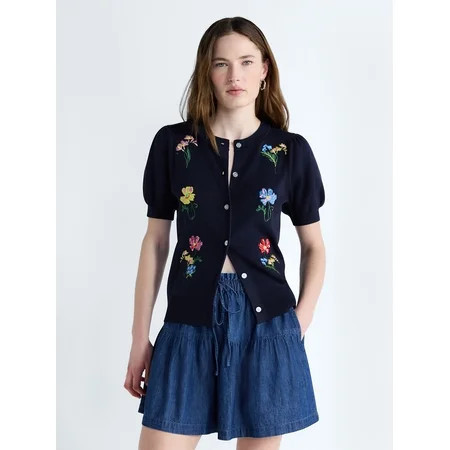 Free Assembly Women s and Women s Plus Embroidered Cardigan Sweater with Puff Sleeves Lightweight Sizes XS-4X | Walmart (US)