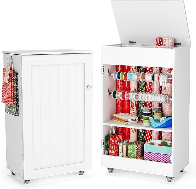 Wrapping Paper Storage Cabinet, Rolling Gift Wrap Organizer Cart with Ribbon Holder Rack and Gift... | Amazon (US)