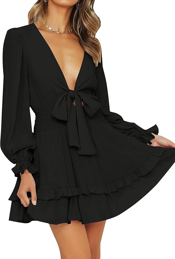 ZESICA Women's Sexy Deep V Neck Knot Front Long Sleeve Smocked Wiast Ruffle Tiered Swing Mini Ska... | Amazon (US)