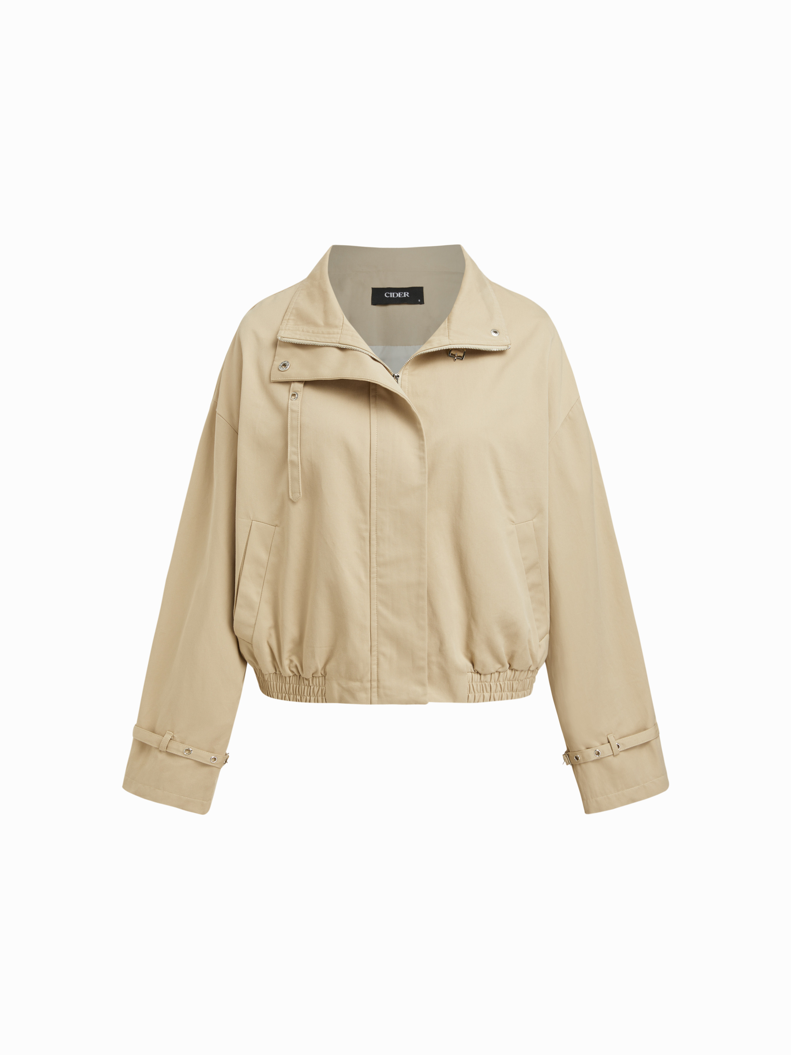 Woven Cotton High Neck Zip Through Windbreaker For Daily Casual | Cider