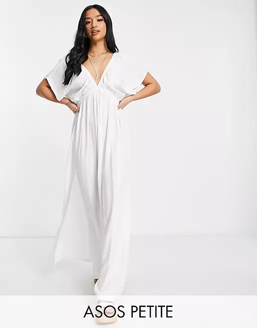 ASOS DESIGN Petite flutter sleeve maxi beach dress in white | ASOS (Global)