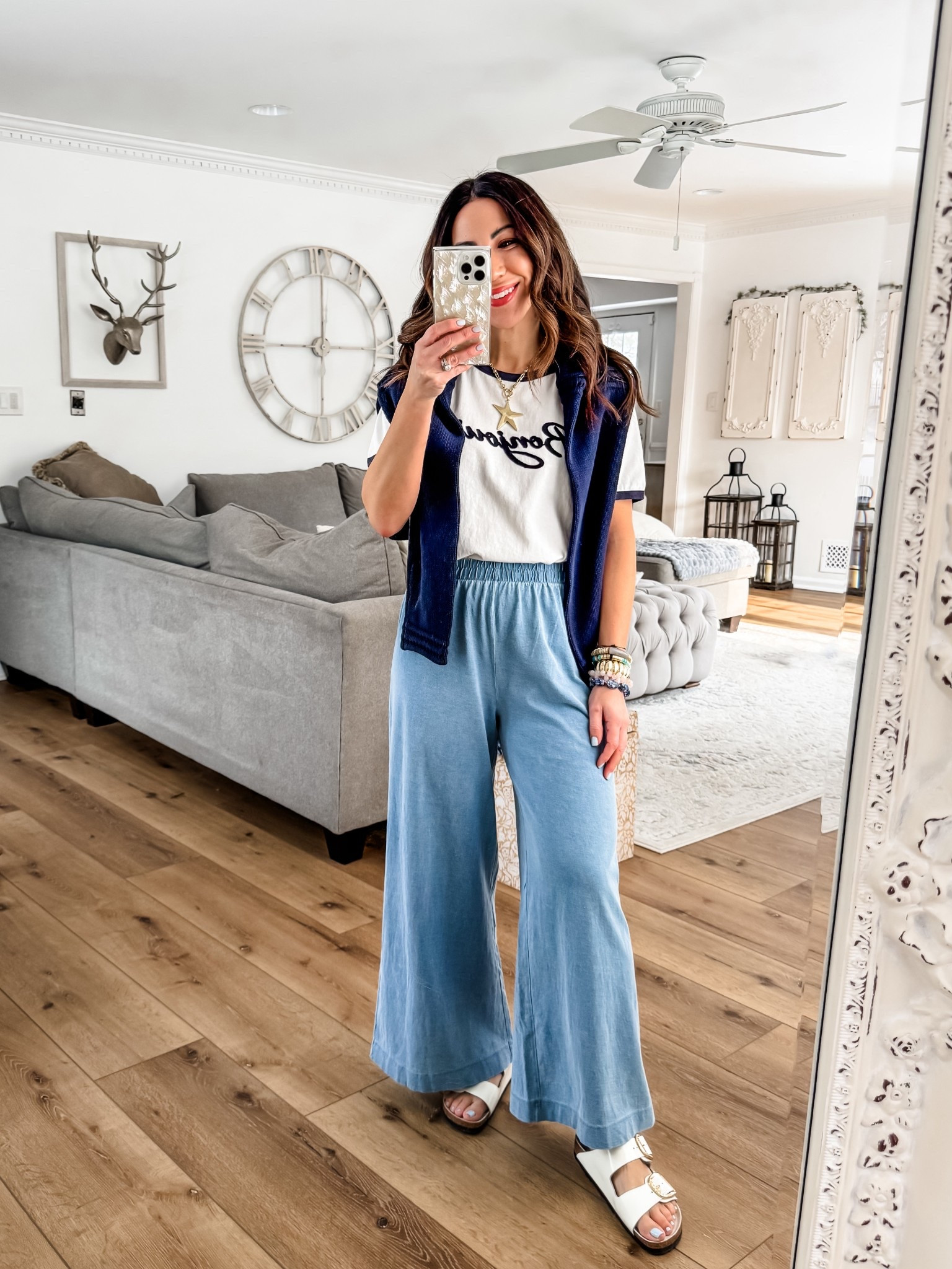 .Jeans 24 (sized down). Blue pants small. Sweaters small. Button-down shirt XS. Graphic tee small. Birkenstocks TTS. Jewelry code HOUSEOFLEO20. 



#LTKOver40 #LTKPetite