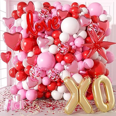 Valentines Day Balloon Set, 145Pcs Red Pink White Gold Valentines Balloons with Love Heart Foil B... | Amazon (US)