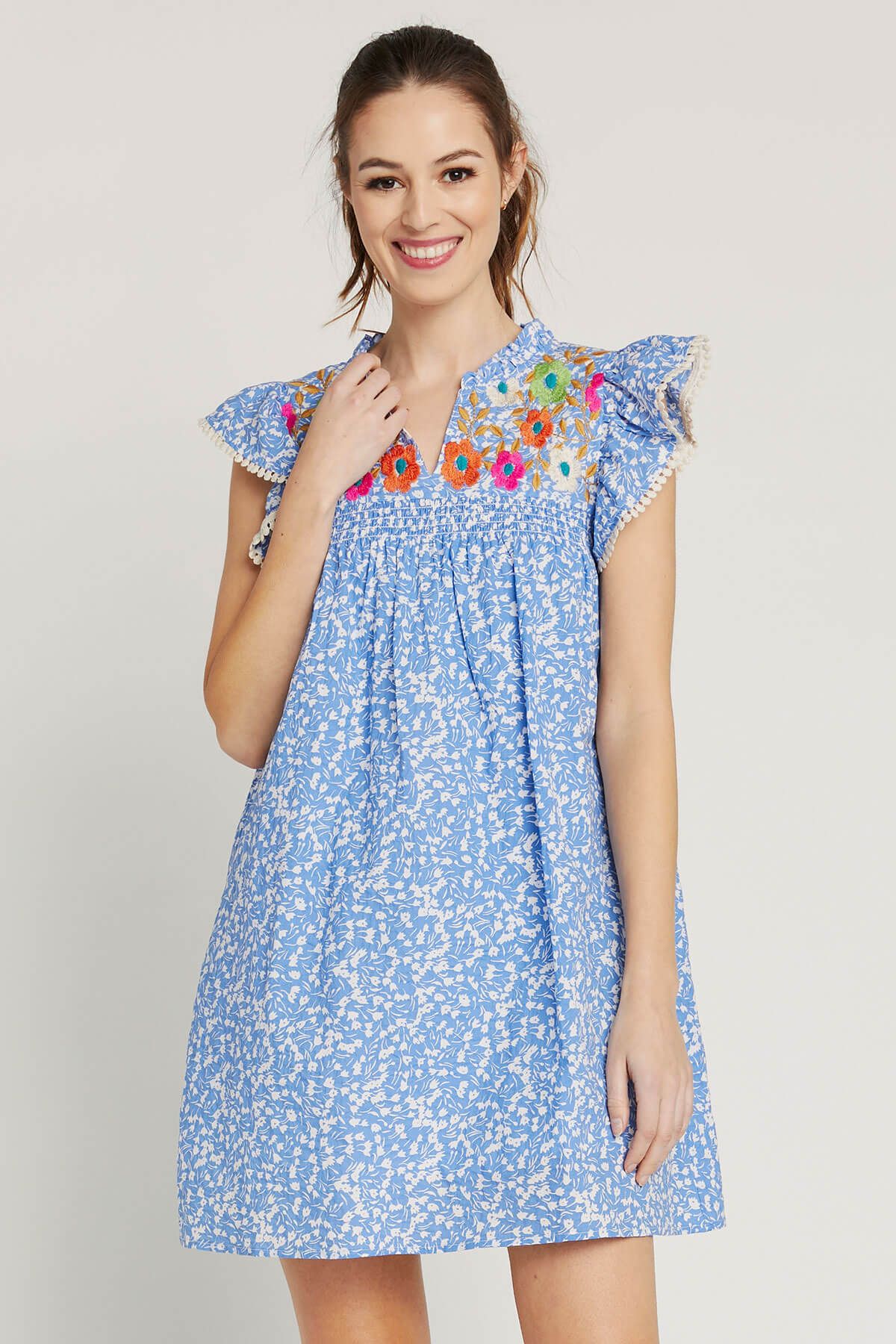 THML Flutter Sleeve Embroidered Floral Print Dress | Social Threads
