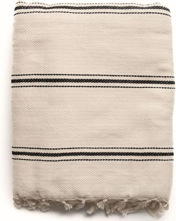 The Loomia Sophie Turkish Cotton Throw Blanket Queen Bedspread Creamish Ecru Base Black Stripes | Amazon (US)