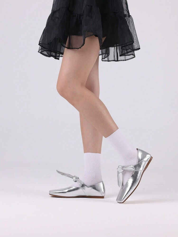 Womens Ballet Flats Closed Square Toe Bow Tie Strap Work Party Mary Jane Flats | SHEIN