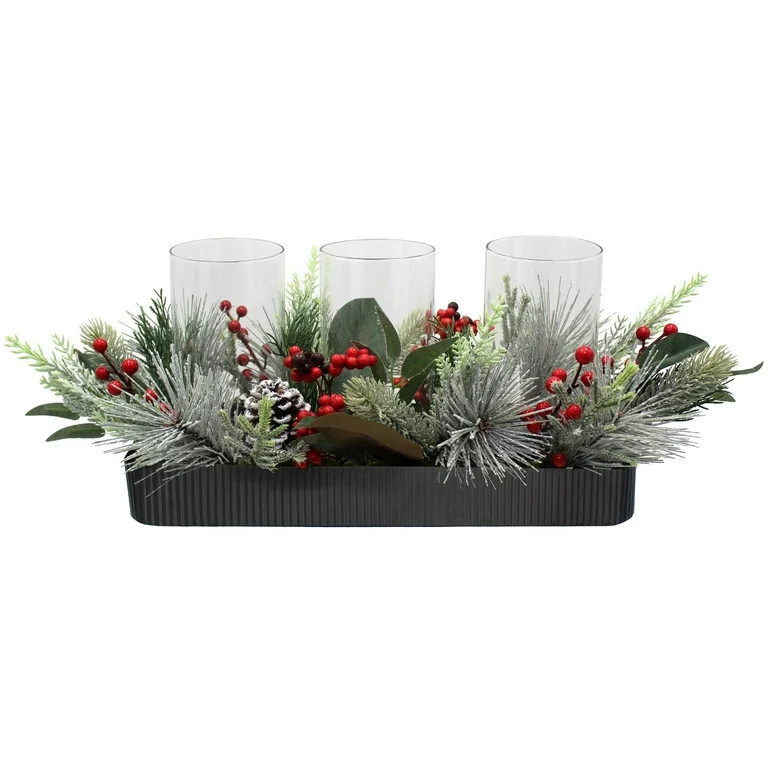 Mainstays 7.5" Decorative Artificial Christmas Glass Hurricane Candleholder with Black Ribbed Bas... | Walmart (US)