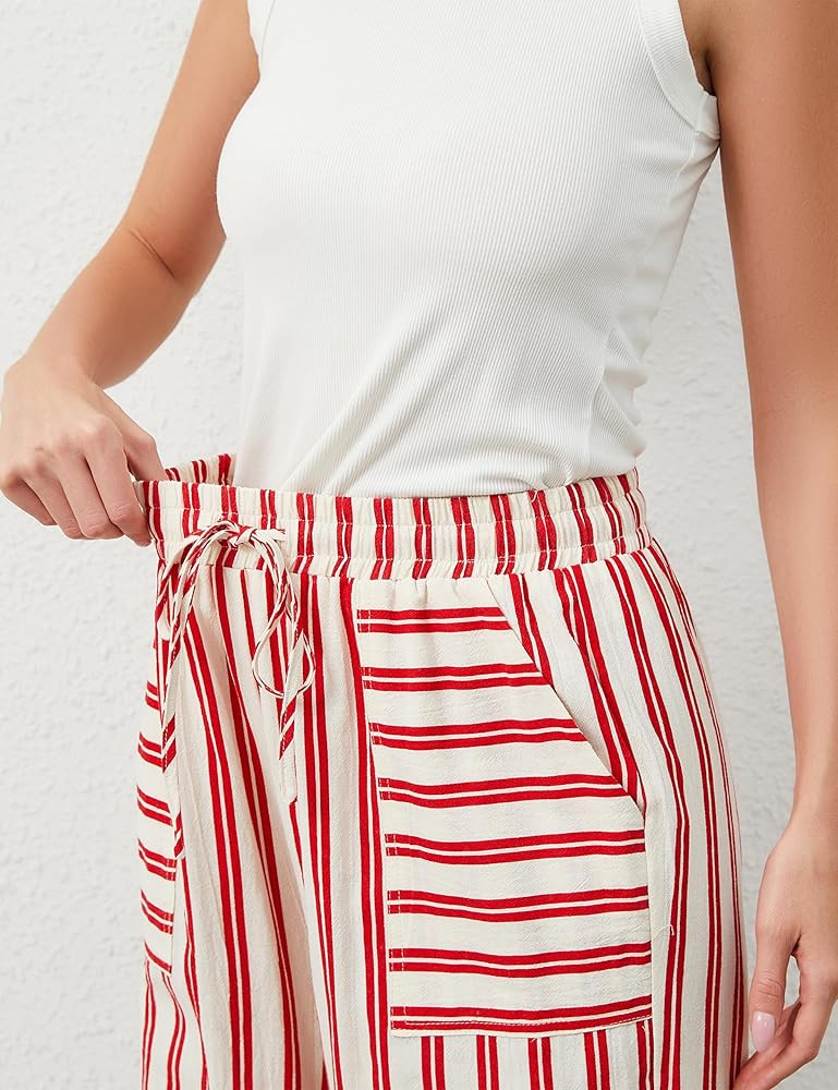 Womens Wide Leg Striped Pants Loose Fit Drawstring Comfy High Waist Striped Lounge Pants with Poc... | Amazon (US)