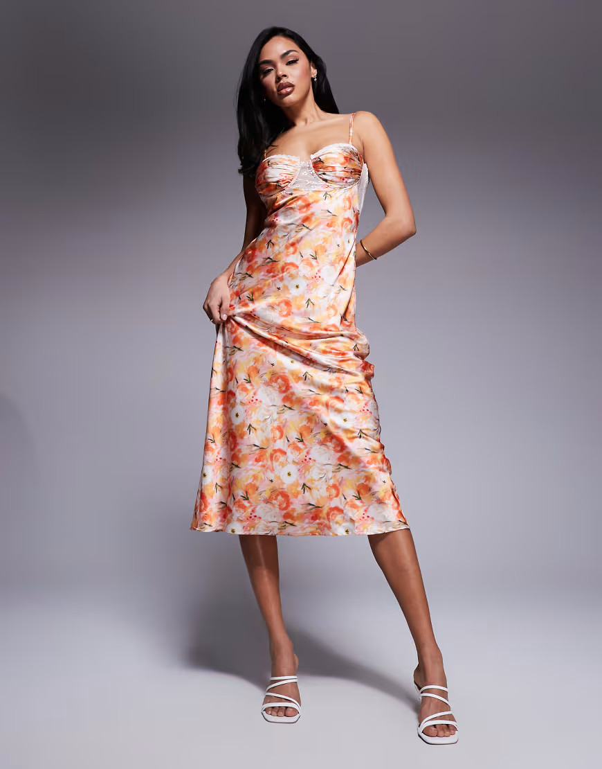 Love Triangle satin maxi dress with lace trim cups in coral print-Orange | ASOS (Global)