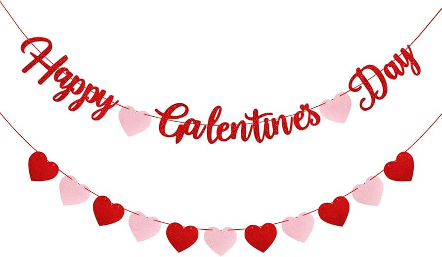 Red Glittery Happy Galentines Day Banner and Red Pink Glittery Heart Garland Banner Romantic Deco... | Amazon (US)
