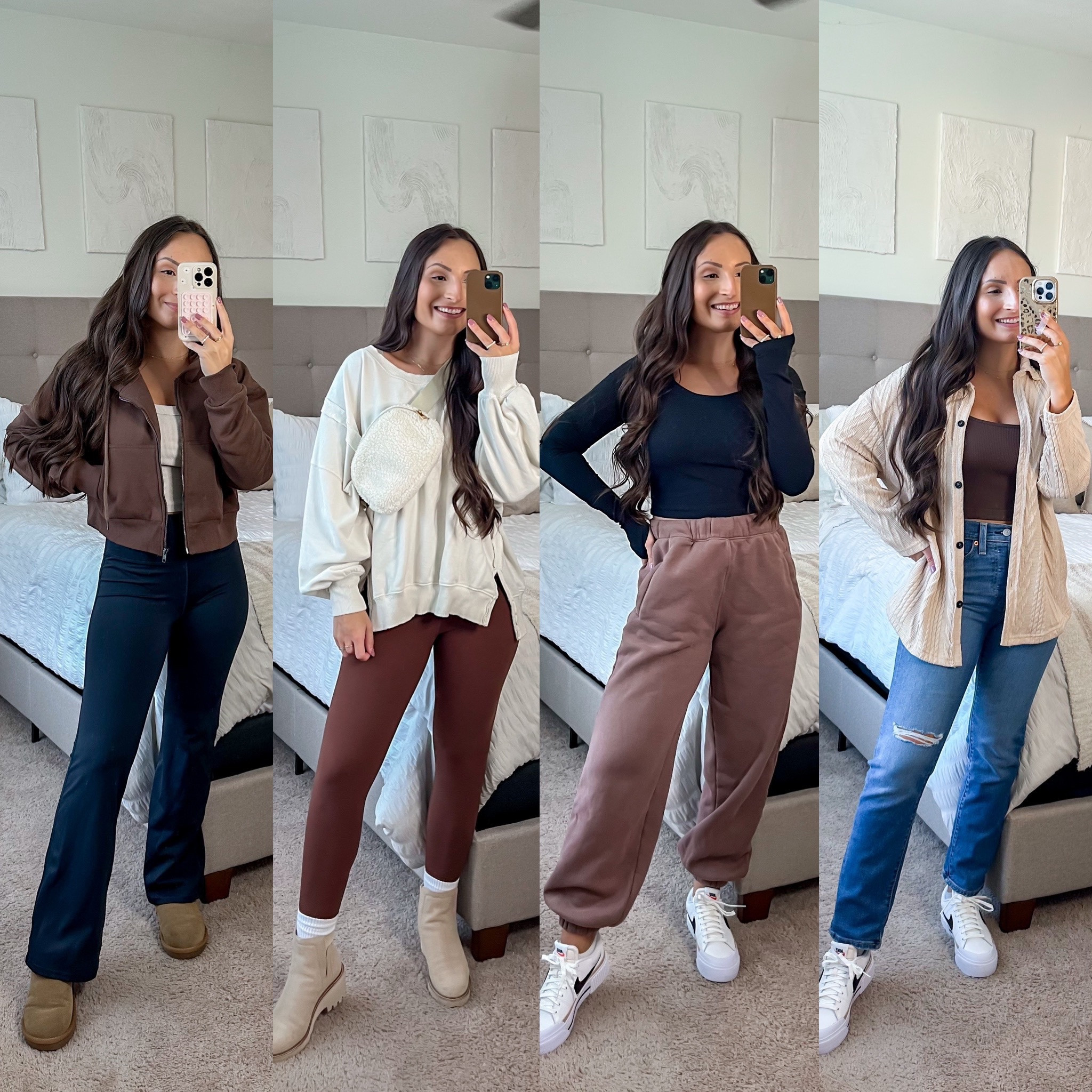 Jacket - part of a set (S)
Flare legging - XS
White pullover - XS
brown legging - XS
Black top - XS
Sweatpants - XS
Cardigan - S
Jeans - 24
Sneakers - true to size

#LTKfindsunder100 #LTKfindsunder50