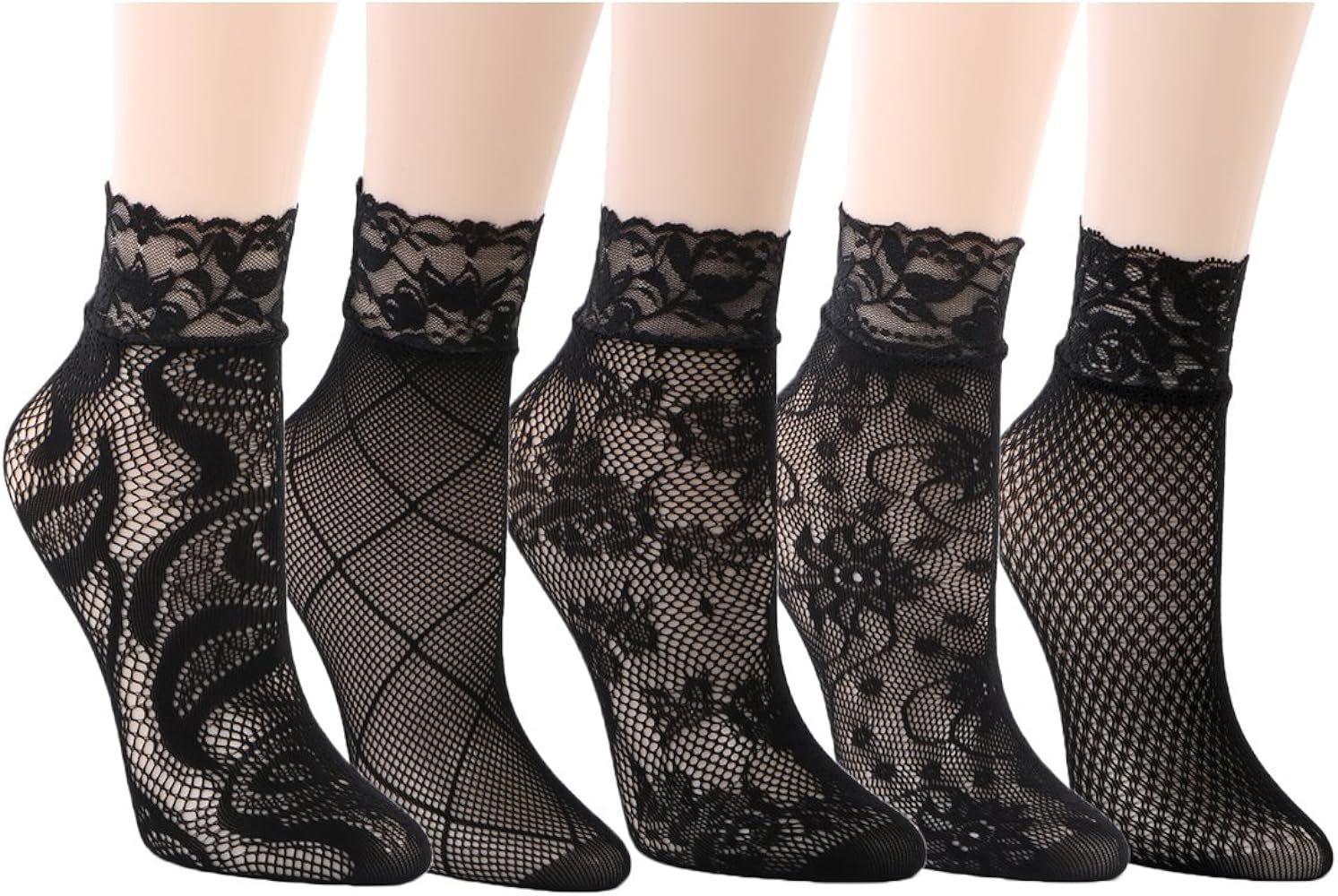 kilofly 5 Pairs Women Ultra Thin Short Ankle Socks Fishnet Lace Liner Stockings | Amazon (US)