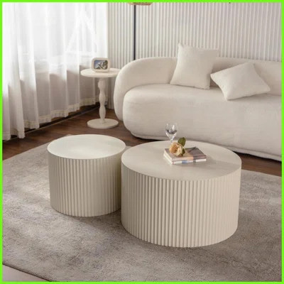 Set of 2 Beige Modern Coffee Tables with Embossed Lines - Space-Saving & Easy-Clean for Living Room | Wayfair North America