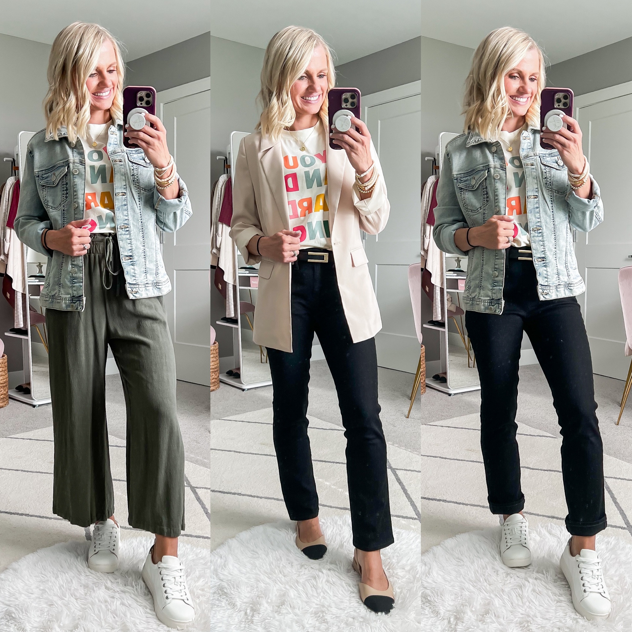 Teacher capsule wardrobe outfits! 
T-shirt- small || denim jacket- small || blazer- xs || green pants- small || black jeans- 26/short

#LTKWorkwear #LTKStyleTip #LTKFindsUnder50