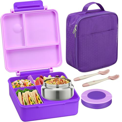 Bento Lunch Box for Kids with 8oz Soup Thermo&Lunch Bag, Leak-Proof Lunch Food Containers with 4 Compartment, Hot Food Insulated Food Jar for Kids School (Purple) | Amazon (US)