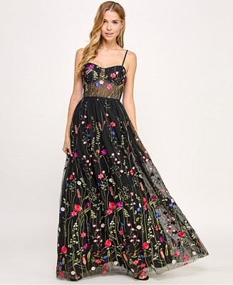 City Studios Juniors' Floral-Embroidery Illusion-Corset Gown, Created for Macy's - Macy's | Macy's