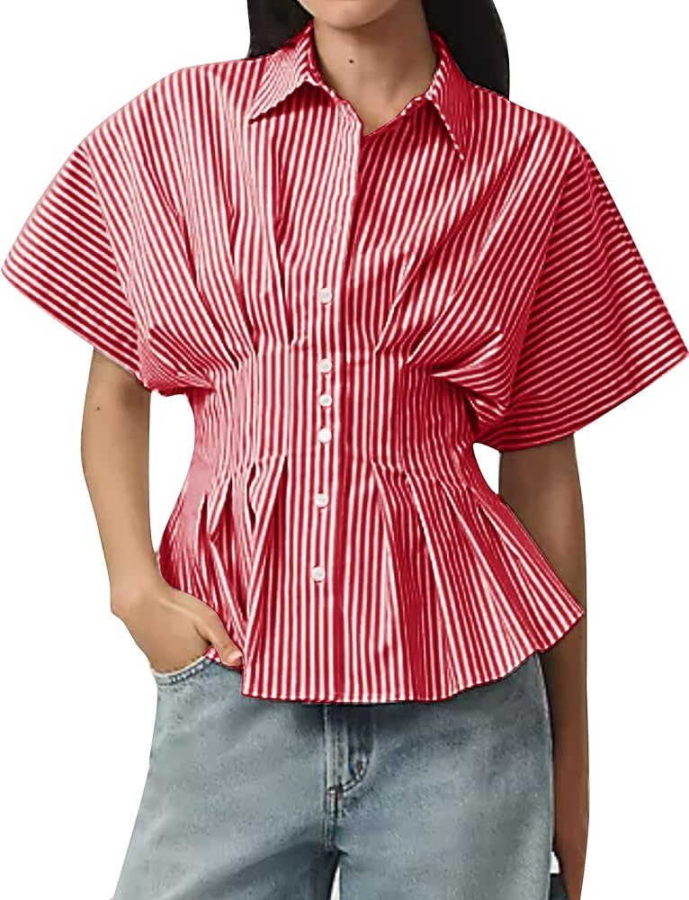 Women Striped Button Pleated Shirt Short Sleeve Summer Casual Peplum Blouse | Amazon (US)
