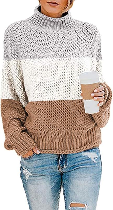 Amazon.com: BLENCOT Womens Fashion Turtleneck Sweaters Pullover Color Block Cute Warm Chunky Jump... | Amazon (US)