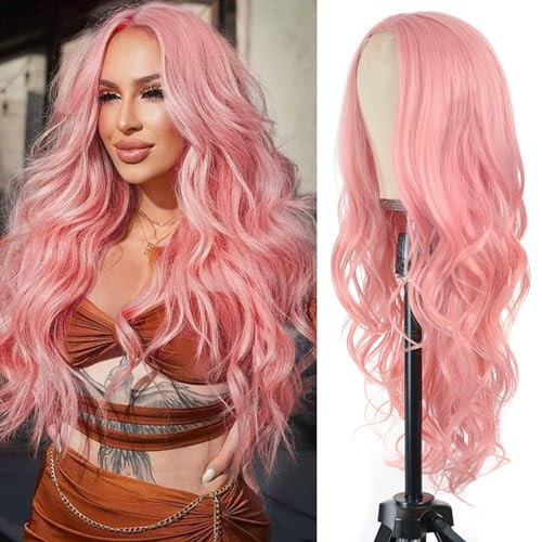 Aida ble Long Pink Wavy Wig for Women -26inch Middle Part Long Pink Curly Wavy Wigs Heat Resistant Synthetic Hair Looking Natural, Fiber wig for Daily Party Use | Amazon (US)