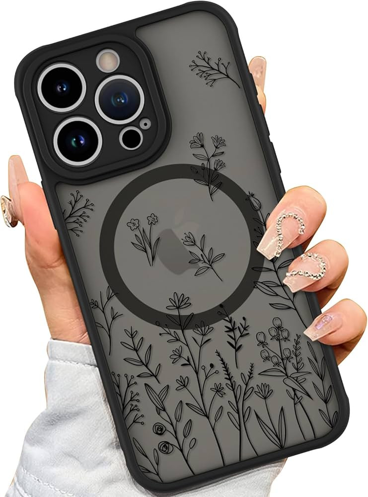 AIGOMARA Magnetic Case for iPhone 15 Pro [Compatible with MagSafe] Cute Black Flower Floral Case ... | Amazon (US)