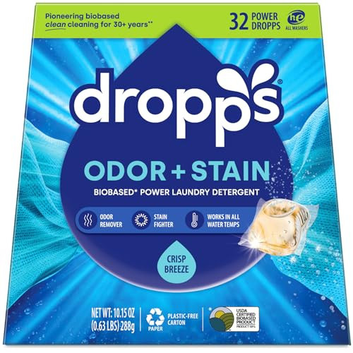 Dropps Odor & Stain Laundry Detergent Pods, Crisp Breeze (32 Count) - Powerful Laundry Pods | Complete Clean Laundry Soap | Fights Odors & Stains | Clean Ingredients | Plastic Free Packaging | Amazon (US)