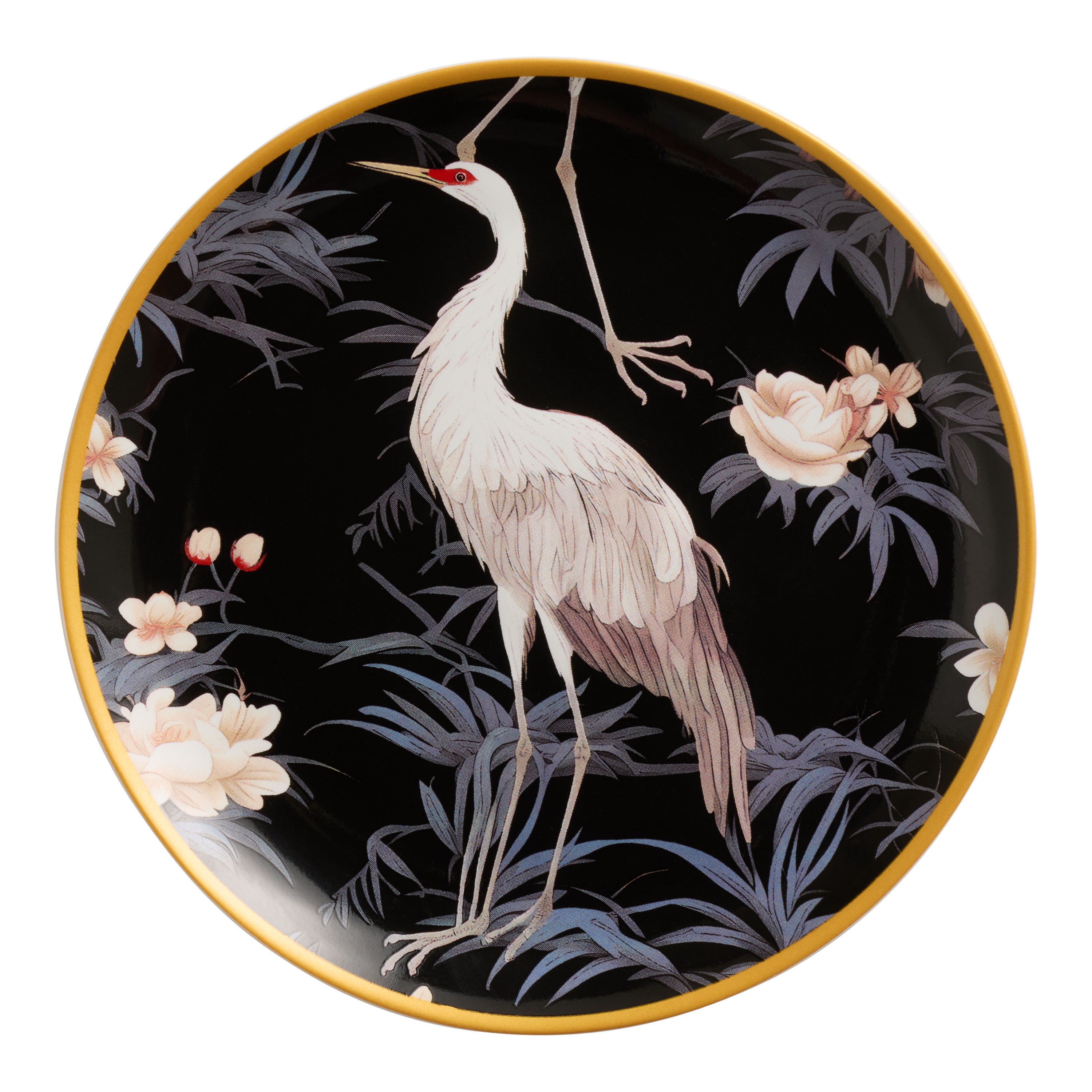 Black Art Deco Crane and Floral Appetizer Plate | World Market
