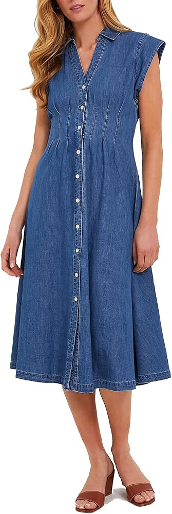 Ladyful Women's Denim Shirt Dress Collar V Neck Cap Sleeve Jean Dress Button Down A-Line Midi Dre... | Amazon (US)