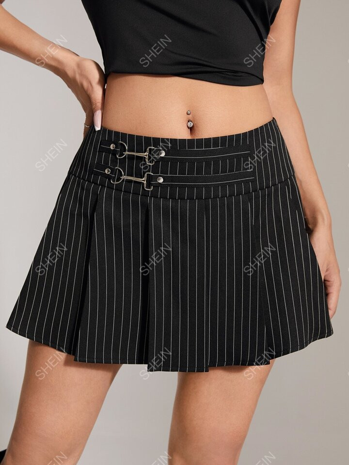 SHEIN ICON Striped Metal Detail Pleated Skirt | SHEIN