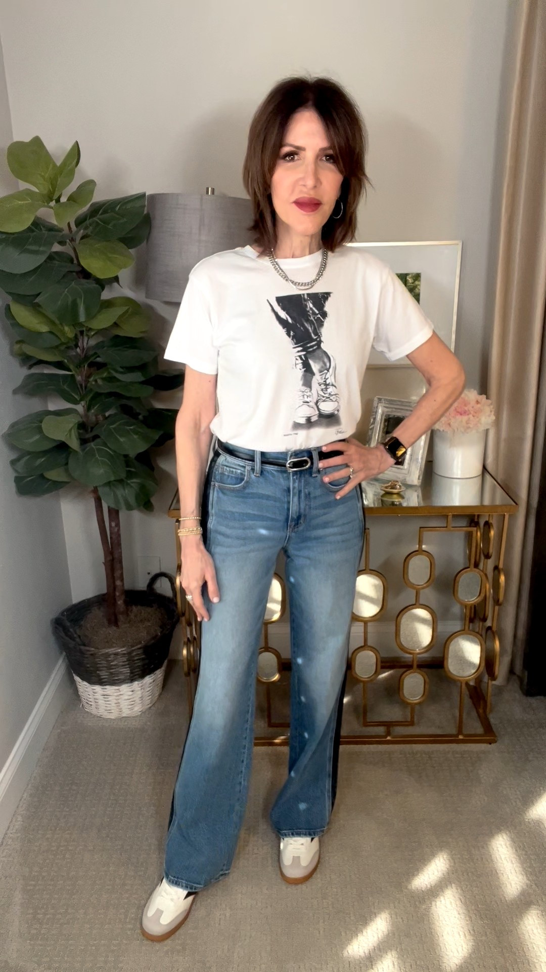 graphic tee, tuxedo stripe denim, wide leg denim, neutral sneakers, casual outfit, over 50 outfits 

#LTKSeasonal #LTKootd #LTKOver40