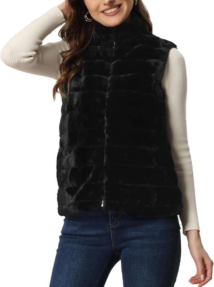 Allegra K Faux Fur Vest for Women's Zip-Up Sleeveless Fur Jacket | Amazon (US)