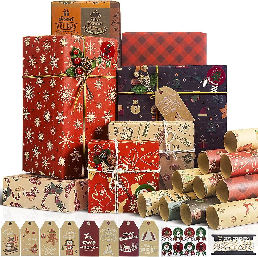Rancco Christmas Wrapping Paper Set, 10 Sheet Recyclable Kraft Gift Wrapping Paper w/ 8 pc Gift S... | Amazon (US)