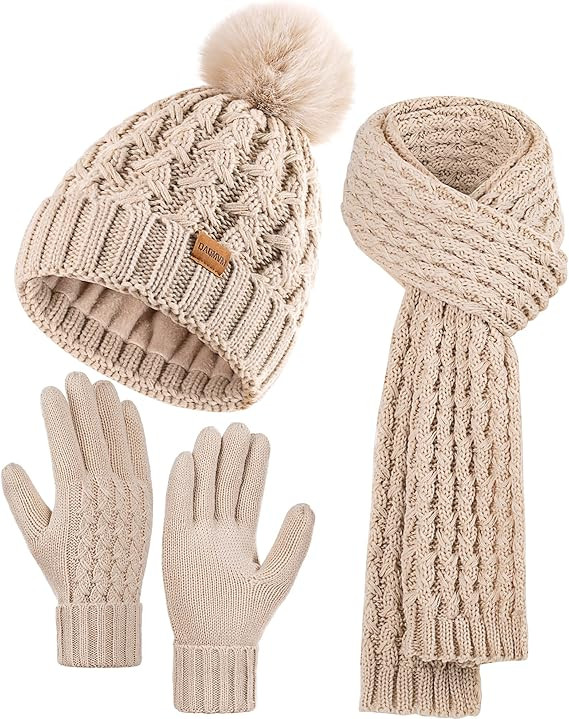 Women Winter Beanie Hat Scarf Gloves Set Pom Hat with Warm Fleece Lined Touchscreen Gloves for Co... | Amazon (US)