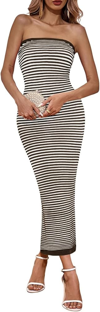 Wenrine Womens Strapless Bodycon Maxi Dress Summer Striped Sleeveless Knit Casual Tube Tops Cockt... | Amazon (US)