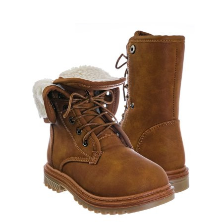 Whitney23K by 2, Girl Fold Lace Up Boot - Kid Faux Fur Shearling Lined Folded Collar | Walmart (US)