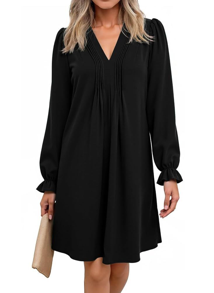 Dokotoo Womens Casual Dress A-Line Ruffle Sleeve V Neck Midi Dress 2025 Fashion Pleated Flowy Sun... | Amazon (US)