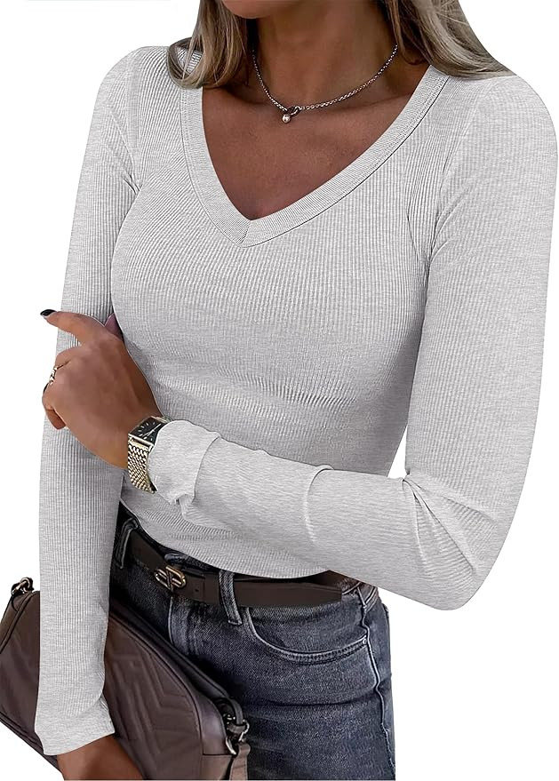 ANRABESS Long Sleeve Shirts for Women V Neck Ribbed Knit Slim Fall Basic Tshirts Going Out Tops 2... | Amazon (US)