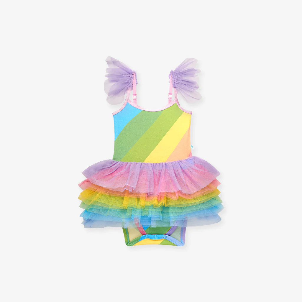 Rainbow Multi Spaghetti Strap Baby Tulle Bodysuit | Rainbow Stripe | Posh Peanut