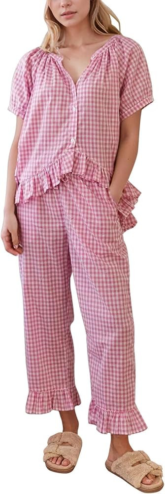 Flygo Womens Plaid 2 Piece Pajamas Sets Gingham Button Down Puff Sleeve Babydoll Shirt Ruffle Pan... | Amazon (US)