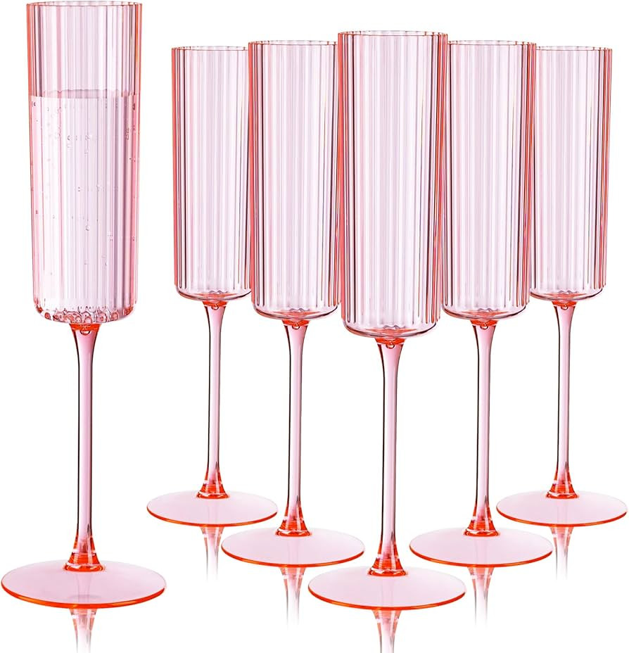 Ciaell 24 Pack Pink Plastic Champagne Flutes - 6oz Ribbed Disposable Champagne Glasses - Pink Vin... | Amazon (US)