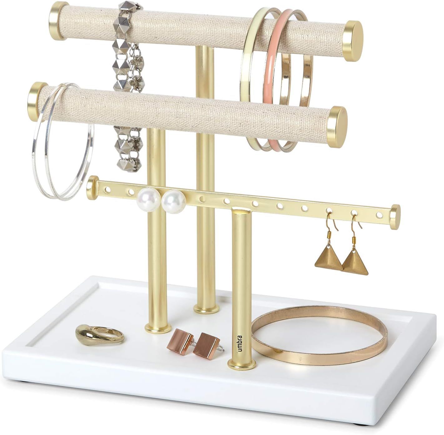 Umbra Trigem Three Tiered Tabletop Organizer for Necklace, Bracelets and Earrings, 3, White/Brass | Amazon (US)