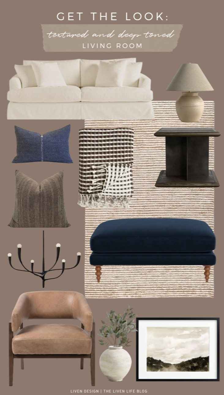 Textured and deep toned living room. Home decor. Slipcovered sofa. Throw pillows. Black side table. Accent table. Ceramic lamp. Landscape art. Modern decor. Textured neutral rug. Throw blanket. Coffee table 

#LTKSeasonal #LTKHome #LTKSaleAlert