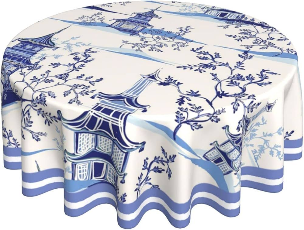 Blue Chinoiserie Temple Tablecloth Round Oriental Style Chinese Blue Willow Table Cloth Cover Mat... | Amazon (US)