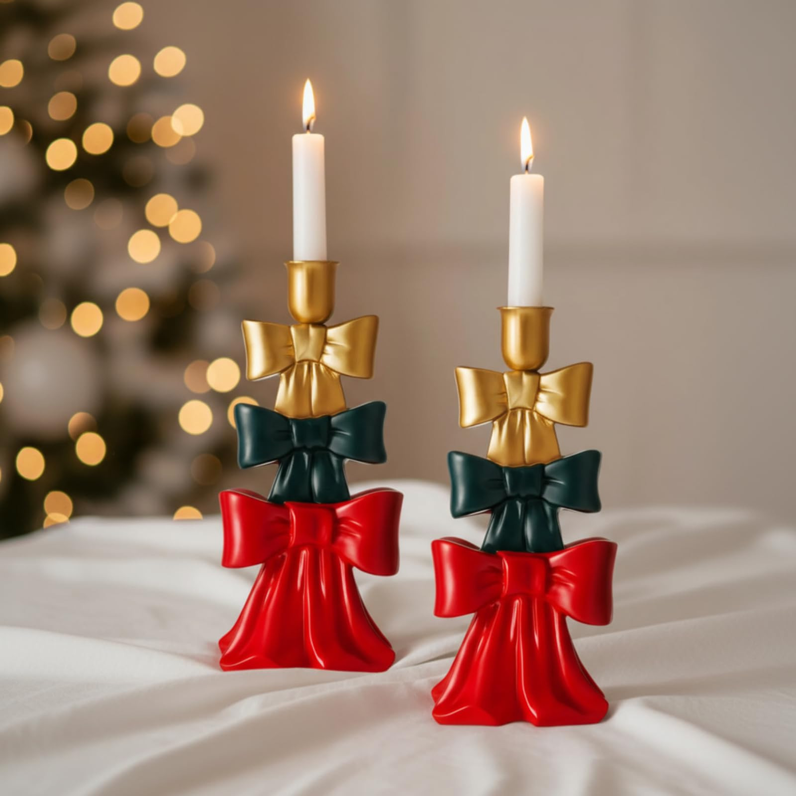 Mumufy 2 Pack 4x8inch Christmas Bow Candle Stick Holder Holiday Red Green Gold, Festive Table Dec... | Amazon (US)