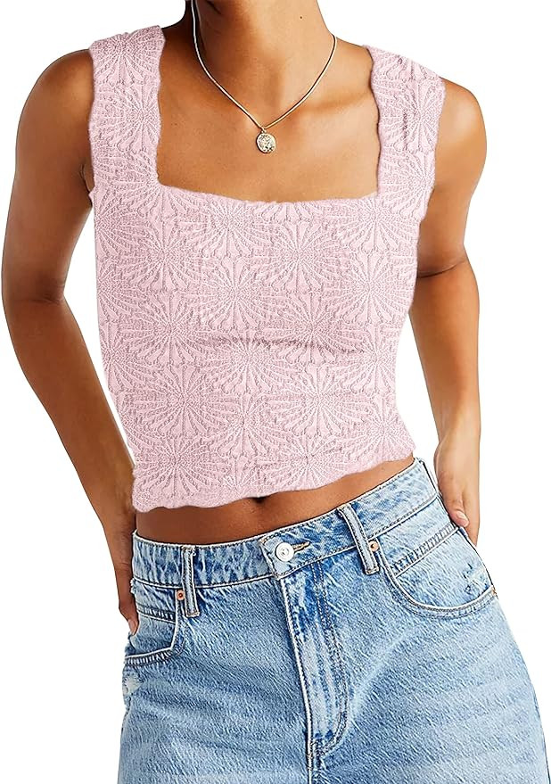 AIHUKOCY Women Square Neck Wide Strap Floral Crop Tank Top Sleeveless Lettuce Trim Solid Slim Cro... | Amazon (US)