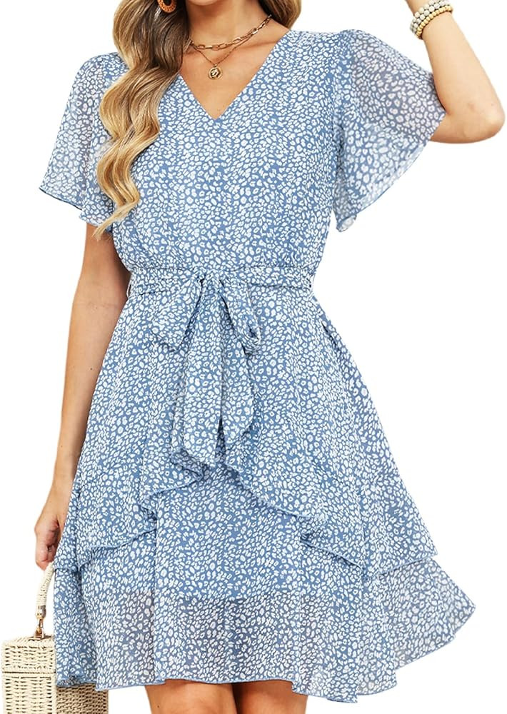 CiCiBird Womens Summer Dresses V Neck Ruffle Short Sleeve Flowy Floral Beach Vacation Dress | Amazon (US)