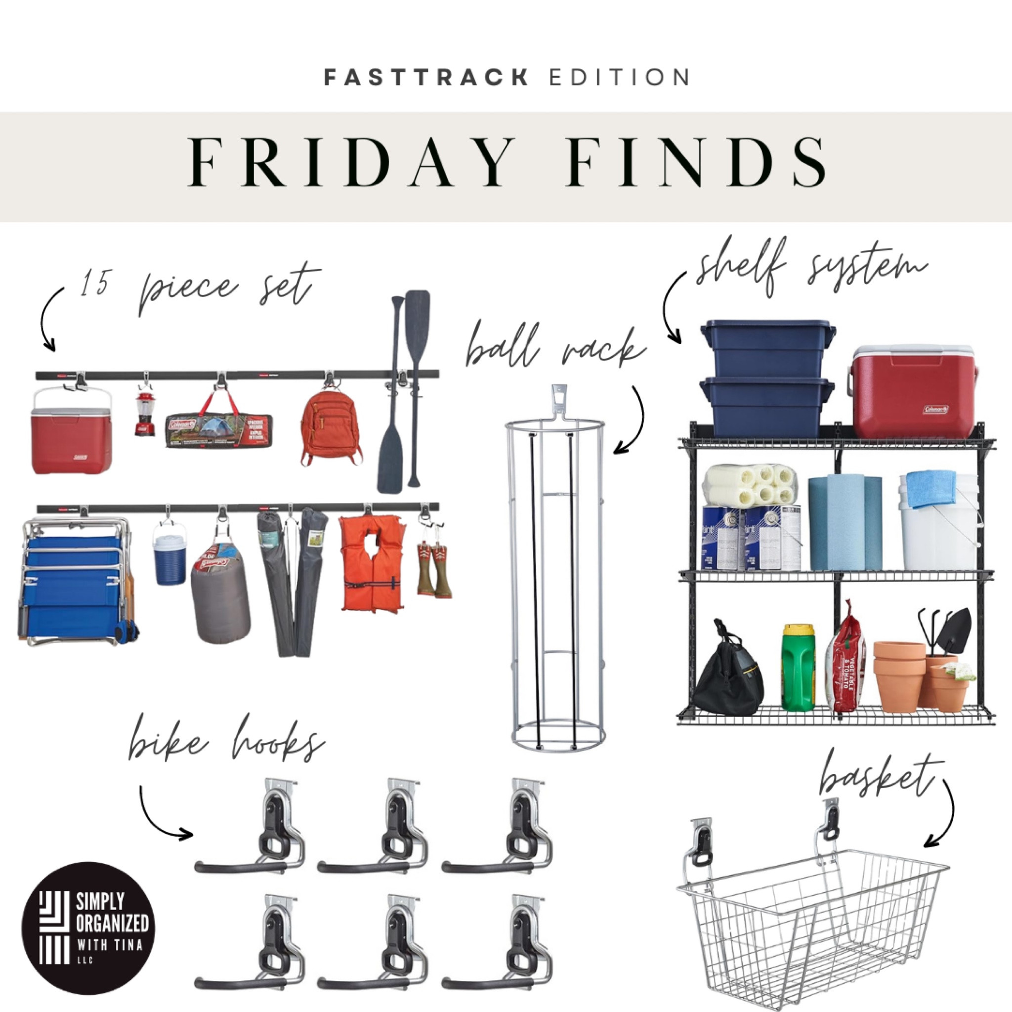 Today we are featuring one of our tried and true organizing systems we love using in garages! The Rubbermaid FastTrack system is easy to customize depending on your garage layout and size. It is also easy to install or reconfigure as your garage storage needs change. We also like this system for the ease in which it can be removed and taken with you if you move a lot!  You can buy each piece separately and individualize and mix and match, or buy a whole set. 

Here are the top pieces we'd recommend:
15 piece fast track system- This system set is a good starting point to get rails and accessories to get organized. You can then purchase any additional specialty hooks for the system.
Bike hooks- Bike hooks make it easy to get bikes of all  sizes up and off the floor, saving space and keeping your garage clean.
Vertical ball rack- Durable system that holds up to 50 lbs and perfect for kickballs, basketballs, footballs, soccer balls and more; two bungee cords allow for a ball to be removed easily 
Shelving system- Easily configure shelving unit to get larger items and totes up and off the floor; heavy duty shelves durable for garage items
Wire basket- Heavy duty basket holds tools, sport accessories, cords, etc.

#LTKfamily #LTKhome #LTKSeasonal