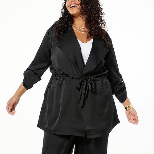 Nina Leonard Hammered Satin Drawstring Waist Jacket - Black - Size Large | HSN